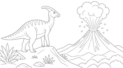 A prehistoric creature stands on a rocky outcrop near an erupting volcano © dadu