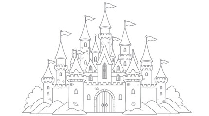 A grand fairytale castle with multiple towers and flags stands against a white background © dadu