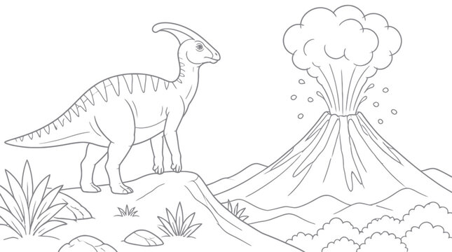 A prehistoric creature stands on a rocky outcrop near an erupting volcano