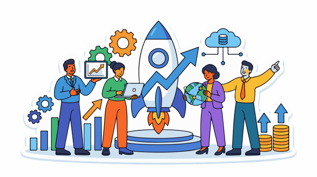 Cartoon business team launching a rocket with growth charts and globe