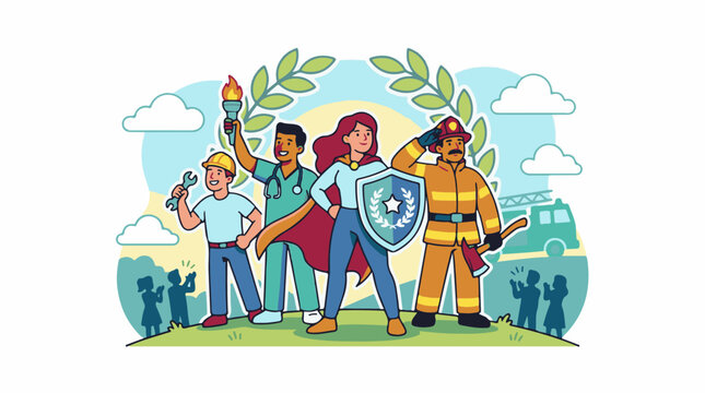 Cartoon illustration of four heroic workers