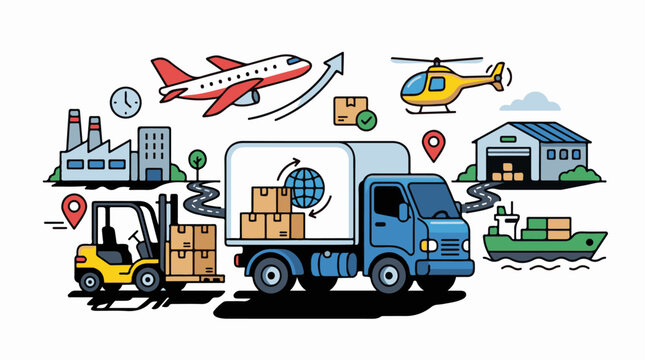 Colorful illustration of a blue truck with cargo and various transportation modes