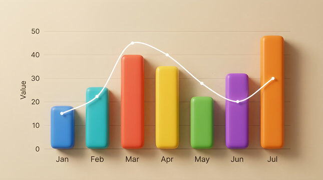 3d bar chart with a line graph overlay showing monthly data trends from january to july on a soft beige background