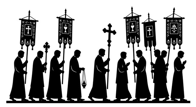 Religious procession silhouette vector, Catholic priests and monks walking with banners and holy cross, Christian church ceremony illustration