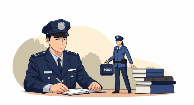 Police officers working with documents and books in a professional setting