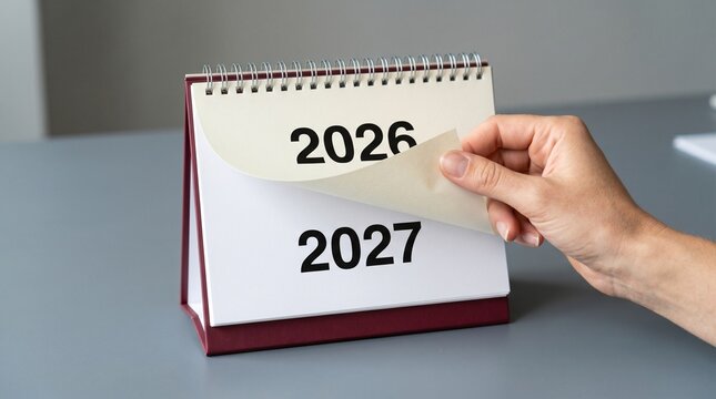 Calendar desk page turning by a hand showing the transition from year twenty twenty six to twenty twenty seven on a clean gray office table background