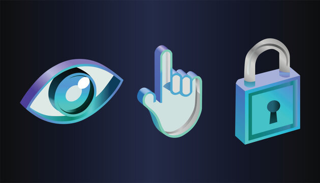 Isometric 3D icons set representing vision, interaction, and security eye, cursor, and padlock graphic elements for data protection and technology con