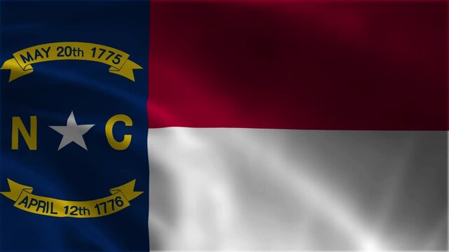 North Carolina State Flag Waving Looping Video Background, Official Tar Heel State Emblem Animation with Satin Fabric Texture Ripple, United States Regional Symbol Footage 