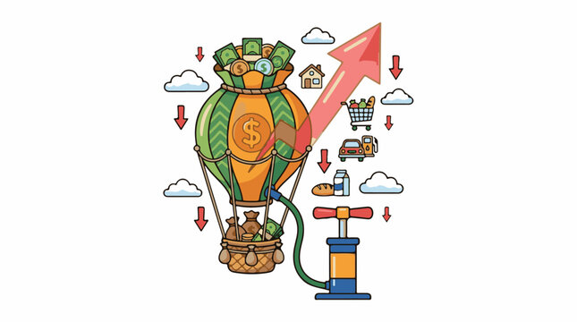 A cartoon hot air balloon filled with money and surrounded by decreasing prices