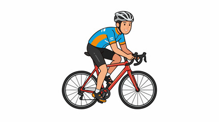 Naklejka premium A cartoon man in a blue and orange jersey rides a red bicycle