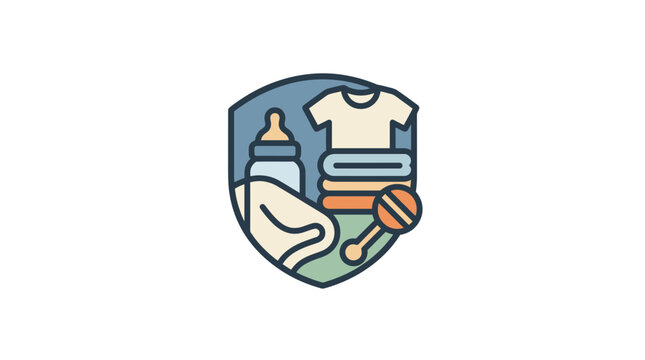 Baby Care Essentials Icon: Bottle, Clothes, Rattle, Swaddle