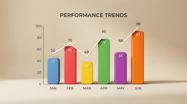 Performance trends bar chart with line graph showing monthly data from january to june