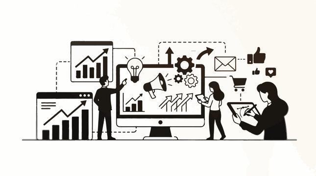 A black and white illustration of people interacting with large computer screens displaying graphs and charts