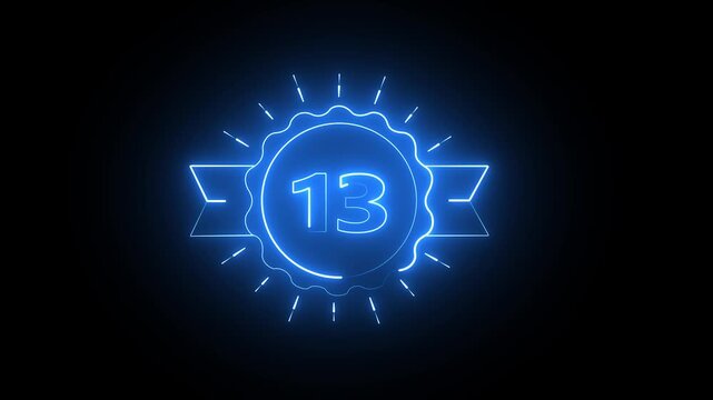 Glowing blue neon number 13 inside a circular badge with a ribbon on a black background