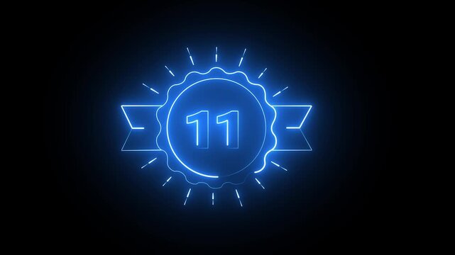 Number eleven blue neon sign inside a glowing circular badge with ribbon on black background