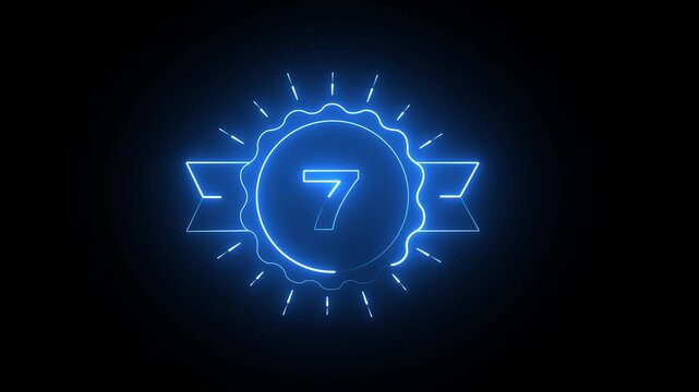 Glowing blue neon number seven sign with a ribbon badge on a dark black background