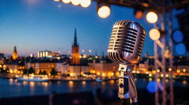 Vintage microphone on outdoor stage with Stockholm skyline and festival lights. Live music concept representing performance, culture and summer entertainment.