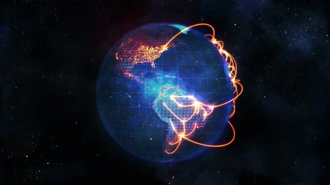 Global network connection animation on digital earth globe rotating in space, futuristic cyber security data transfer and internet communication lines loop background