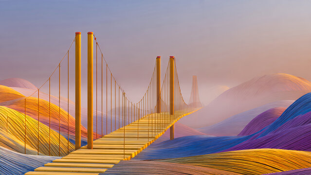 An elegant suspension bridge constructed entirely from sharpened wooden pencils, graphite tips forming structural pillars, and colored pencil shavings creating a flowing, sculptural landscape.