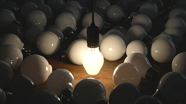 A single glowing light bulb hangs above a pile of dark unlit bulbs