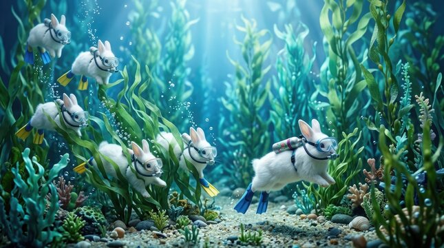 Whimsical white rabbits in scuba gear exploring a vibrant underwater kelp forest and coral reef, with sunlight filtering through the blue water and playful bubbles