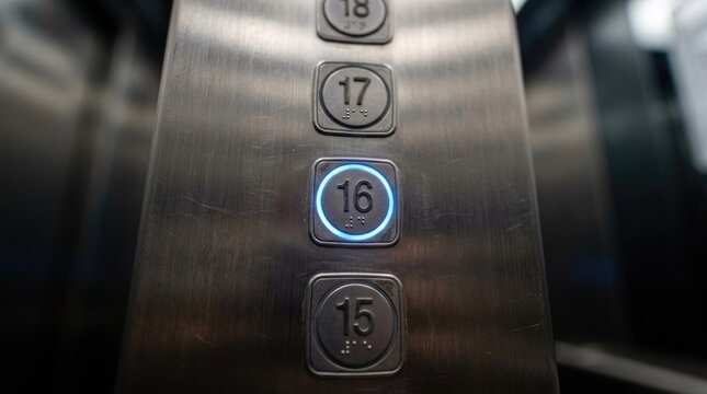 Illuminated 16th floor button on a modern elevator control panel made of brushed stainless steel, with Braille markings for accessibility.