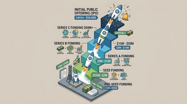 Startup funding journey from pre seed to ipo with rocket and stairs