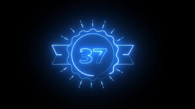 Glowing blue neon number 37 inside a circular badge with ribbon on a dark black background