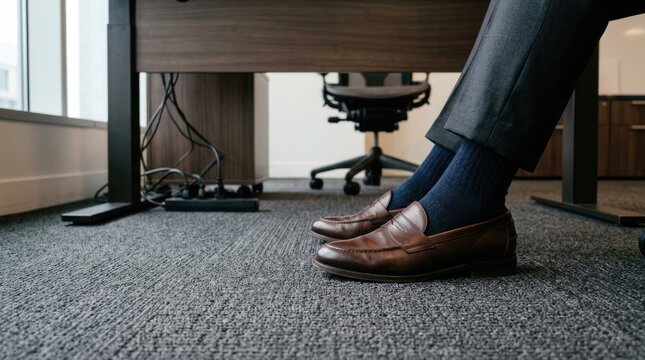 Professional man wearing brown leather loafer shoes and navy socks under a modern office desk with cables and power strip