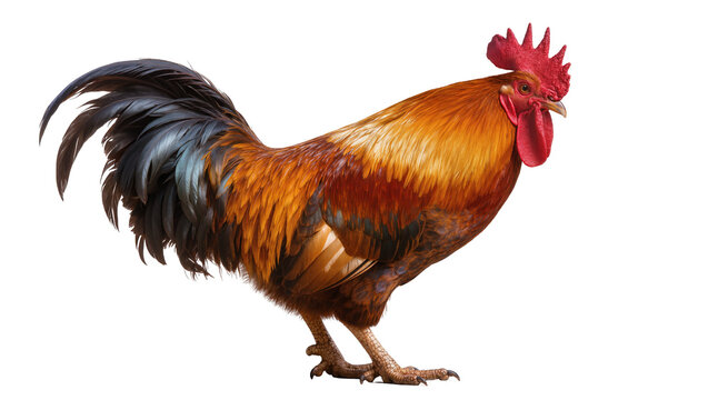 Majestic rooster with vibrant orange and black plumage, isolated on transparent background