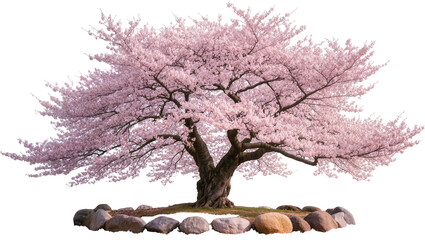 Mature cherry blossom tree with pink flowers and rough bark, isolated on transparent background © Aliona