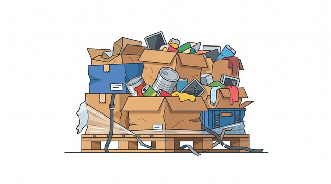Cardboard boxes filled with electronic waste and household trash on a wooden shipping pallet