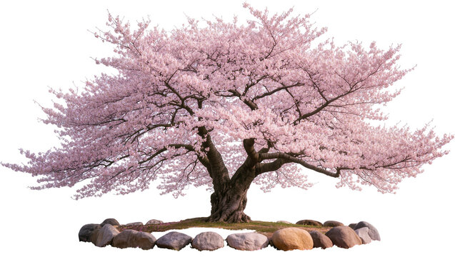 Mature cherry blossom tree with pink flowers and rough bark, isolated on transparent background