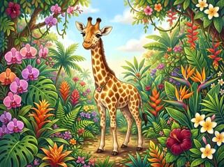 Fototapeta premium A giraffe standing in a lush jungle surrounded by vibrant flowers and greenery under a blue sky with clouds