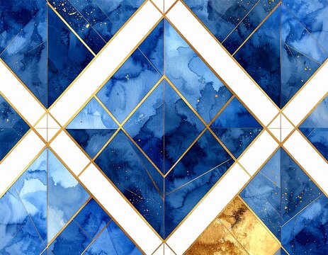 Watercolor crosshatch diamond pattern with prussian blue and gold
