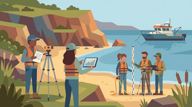 Professional team of engineers conducts coastal topographic survey and environmental analysis near the ocean