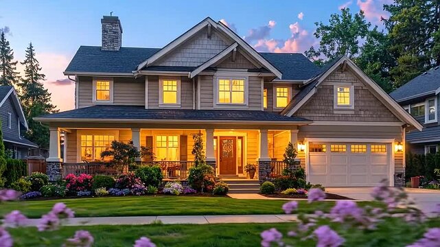 Luxurious suburban family home with glowing windows at sunset