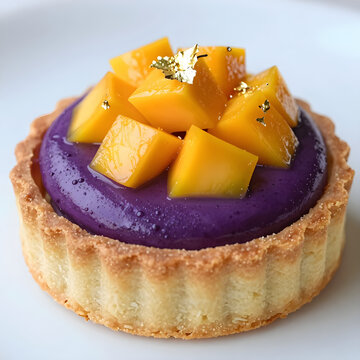 Macro of a flaky crust filled with violet ube and yellow mango topped with gold leaf.