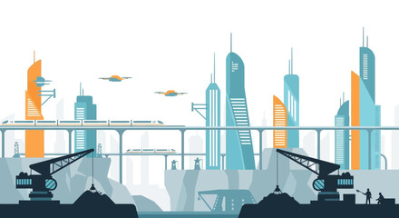 Obraz premium Futuristic cityscape with flying cars and high-speed train, modern architecture