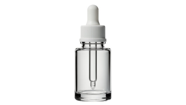 Clear glass dropper bottle with white cap and liquid, isolated on transparent background