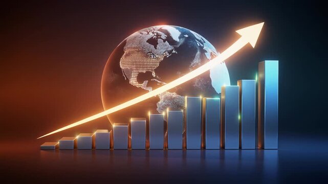 Stock image animation graphs digital three dimensional charts. Connected stock image animation spins planet Earth models. Corporate stock image animation records profit growth.