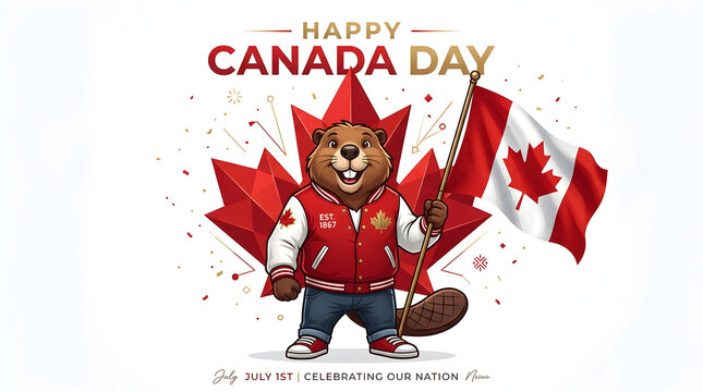 Happy canada day with a cartoon beaver wearing a red and white jacket holding a canadian flag on white background