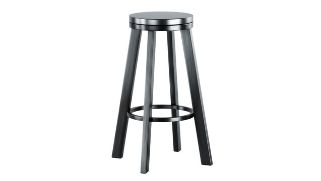 Dark gray metal bar stool with circular seat and footrest, isolated on transparent background