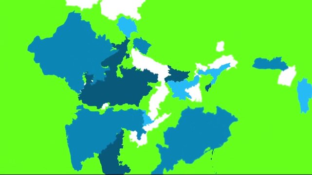 India map animation with states on green screen background, chroma key indian political map transition, flat vector geography motion loop for news education business vfx