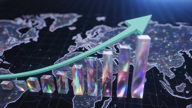 Business finance animation scales global market bar charts. Rising business finance animation tracks upward trend arrows. Corporate business finance animation templates world maps.
