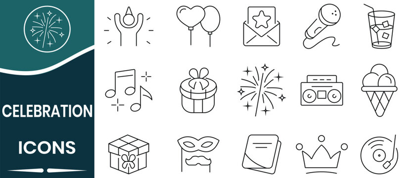 Celebration and event icon vector set. Events, party, for cake, balloons, gifts, music, fireworks, party hat, and festive decorations. Night celebration symbol. Vector illustration.	