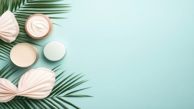 Cream jars and palm leaves on pastel blue background, top view, natural cosmetic concept, hair care elements.