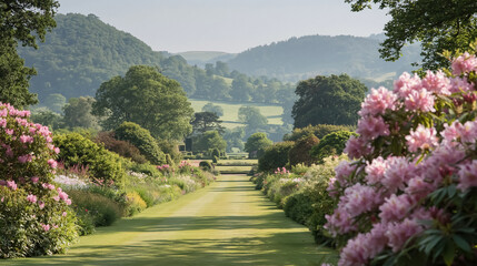 Fototapeta premium Expansive manicured garden avenue with vibrant pink rhododendrons and diverse plants under a clear sky