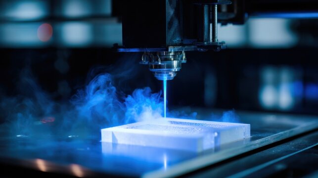 A professional industrial 3D printer operates inside a dark chamber. A blue laser beam melts titanium powder to create a glowing part. The process produces smoke and light