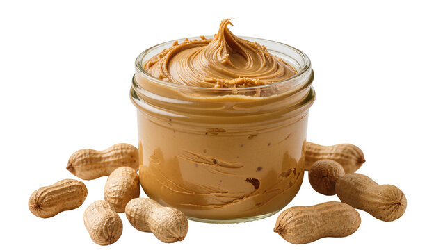 Creamy peanut butter in glass jar with whole peanuts scattered around